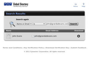 Screenshot of the PGP directory with my address listed as the result of a search